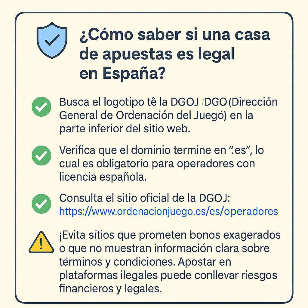 Infografía explicando cómo saber si una casa de apuestas es legal en España, con consejos sobre el logotipo de la DGOJ, dominio .es y evitar sitios sospechosos