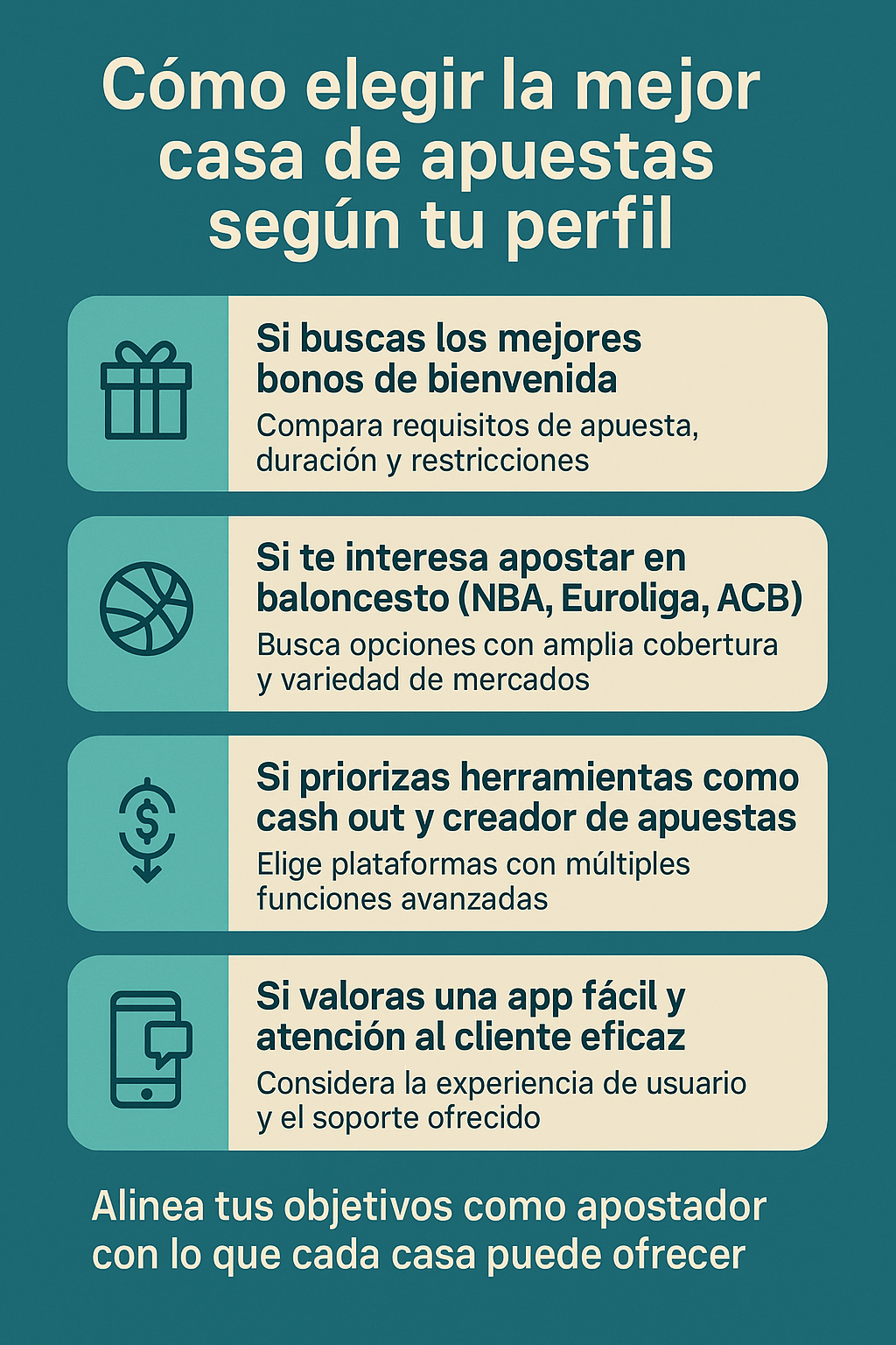 Infografía que enseña cómo elegir una entre las mejores casas de apuestas online según el perfil del apostador