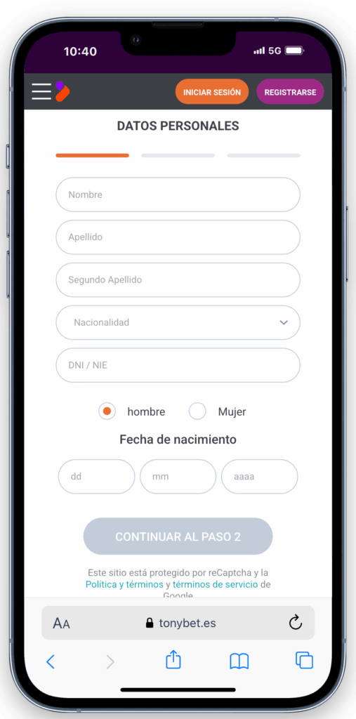 registrarse en Tonybet España