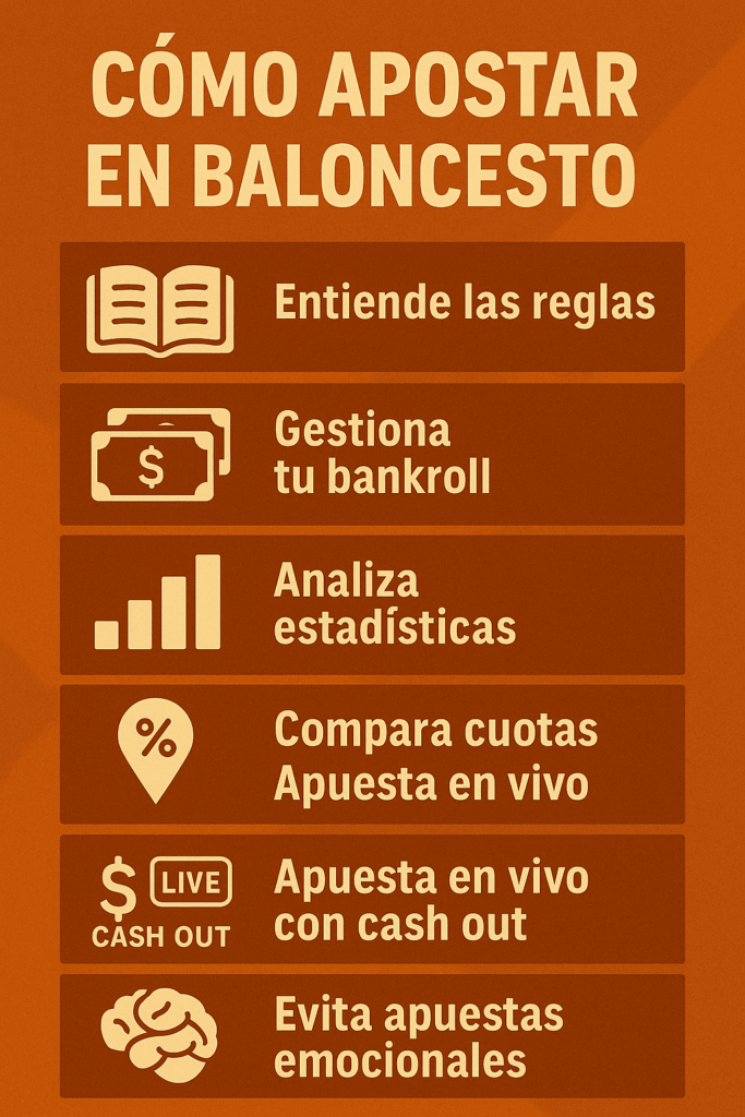 Infografía titulada “CÓMO APOSTAR EN BALONCESTO” con fondo naranja y seis bloques: 1) icono de libro y texto “Entiende las reglas”; 2) billetes y “Gestiona tu bankroll”; 3) gráfica de barras y “Analiza estadísticas”; 4) símbolo de porcentaje con pin y “Compara cuotas y apuesta en vivo”; 5) icono de cash out y “Apuesta en vivo con cash out”; 6) cerebro y “Evita apuestas emocionales”.