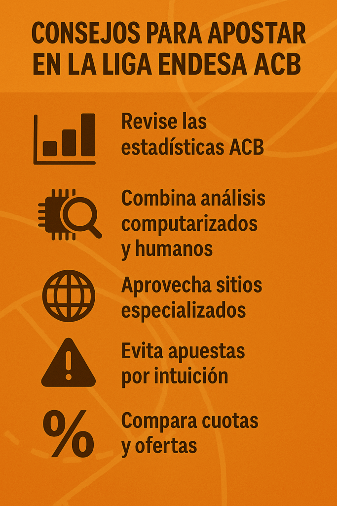 Pronósticos Liga Endesa ACB Hoy: Mejores Pronósticos Gratis! 9 Infografía de pronosticos liga endesa con cinco iconos y consejos: revisar estadísticas ACB, combinar análisis digitales y humanos, usar sitios especializados, evitar apuestas por intuición y comparar cuotas.