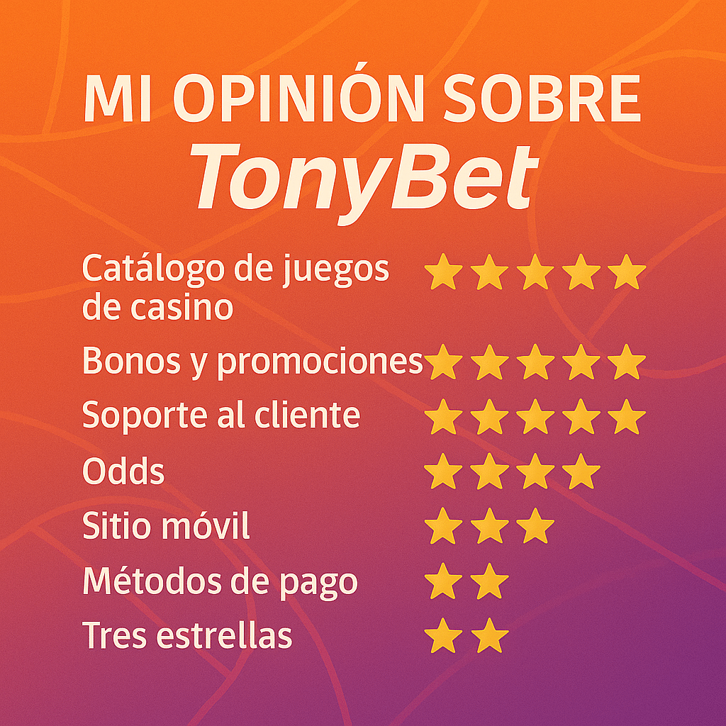 Infografía degradada naranja-púrpura: opiniones TonyBet en casino, bonos, soporte, cuotas, móvil y pagos con estrellas.
