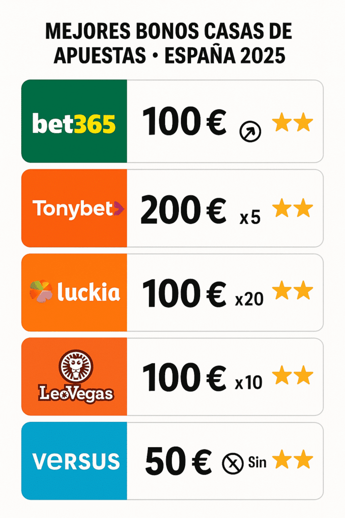 mejores bonos casas de apuestas en españa: bet365, tonybet, luckia, leovegas y versus
